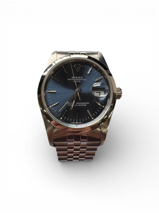 Rolex 34mm Stainless Steel Date Blue Dial Smooth Bezel Jubilee Watch 15200