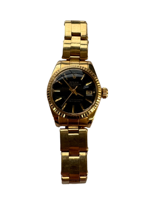 Rolex 26mm 18K Yellow Gold Lady-Datejust Presidential Black Stick Dial Fluted Bezel Watch