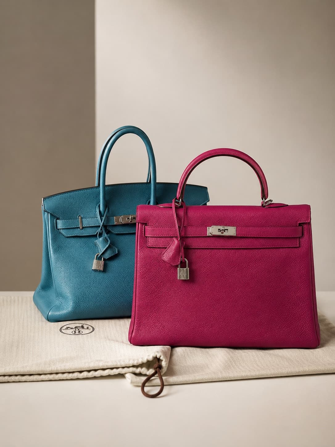 Hermès Birkin 35 Bleu Jean + Kelly 35 Tosca · Togo Leather · PHW · Dust Bags Included