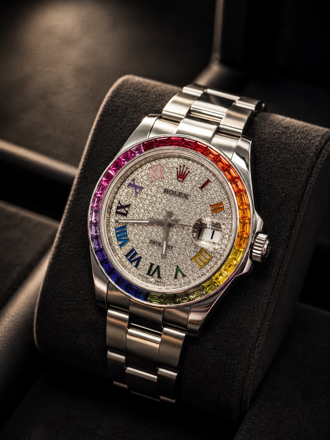 Rolex Datejust 41mm Full Bust Down · Diamond Dial, Diamond Case, Rainbow Bezel
