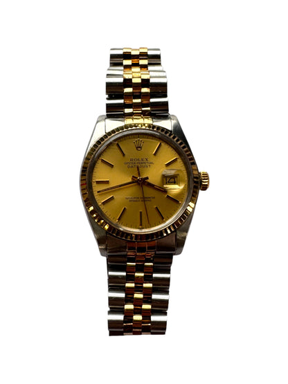 Rolex 36mm Two-Tone Datejust Silver Stick Dial Fluted Bezel Jubilee Band Watch