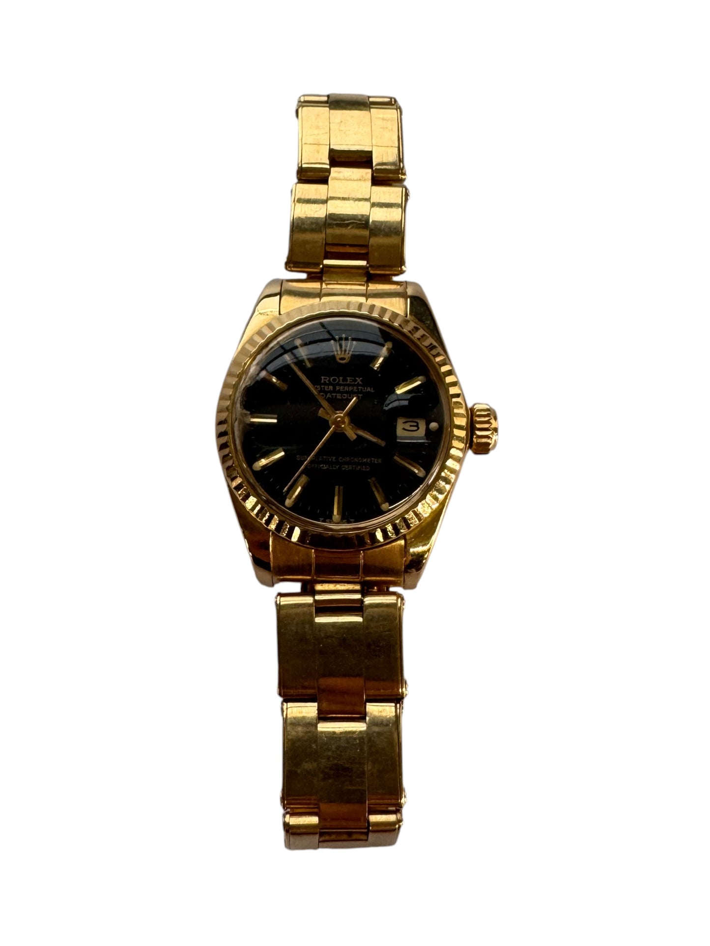 Rolex 26mm 18K Yellow Gold Lady-Datejust Presidential Black Stick Dial Fluted Bezel Watch
