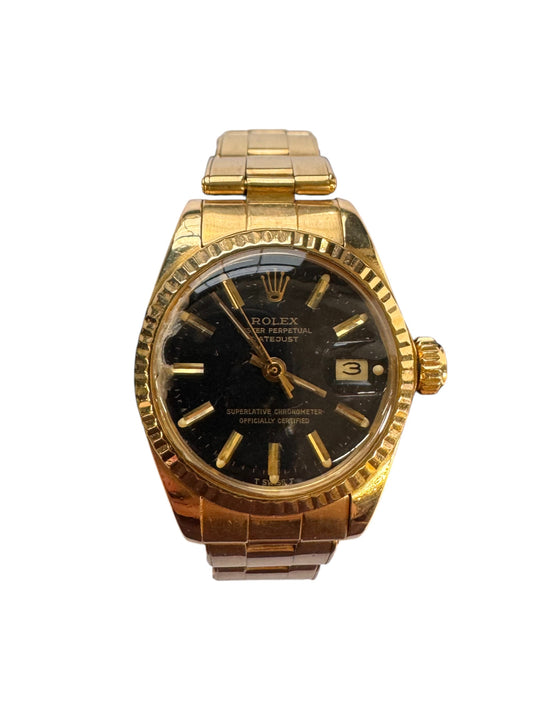Rolex 26mm 18K Yellow Gold Lady-Datejust Presidential Black Stick Dial Fluted Bezel Watch