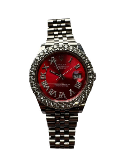 Rolex 41mm Stainless Steel Datejust AM Red Roman Diamond Dial & Diamond Bezel Watch 2020