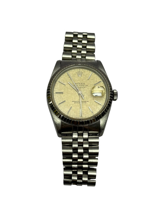 Rolex 36mm Stainless Steel Datejust Linen Dial & 18k White Gold Fluted Bezel Watch