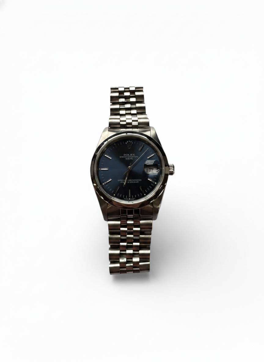 Rolex 34mm Stainless Steel Date Blue Dial Smooth Bezel Jubilee Watch 15200