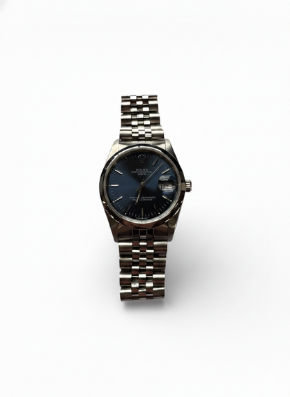 Rolex 34mm Stainless Steel Date Blue Dial Smooth Bezel Jubilee Watch 15200