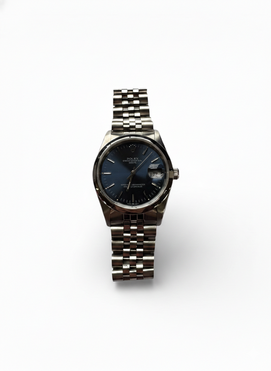 Rolex 34mm Stainless Steel Date Blue Dial Smooth Bezel Jubilee Watch 15200
